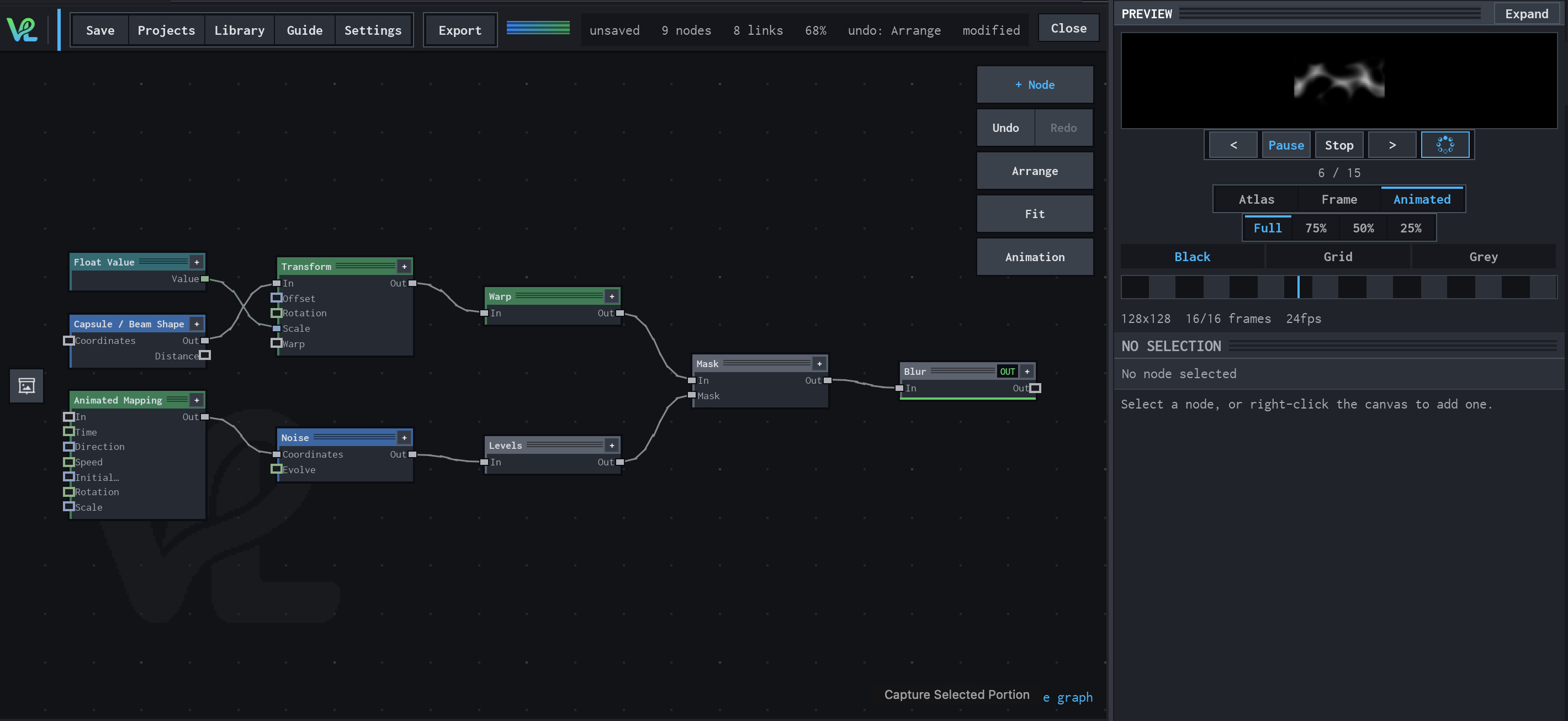 VFX Loom graph showing Float Value, Capsule / Beam Shape, Transform, Warp, Animated Mapping, Noise, Levels, Mask, and Blur, with a soft animated-form preview.