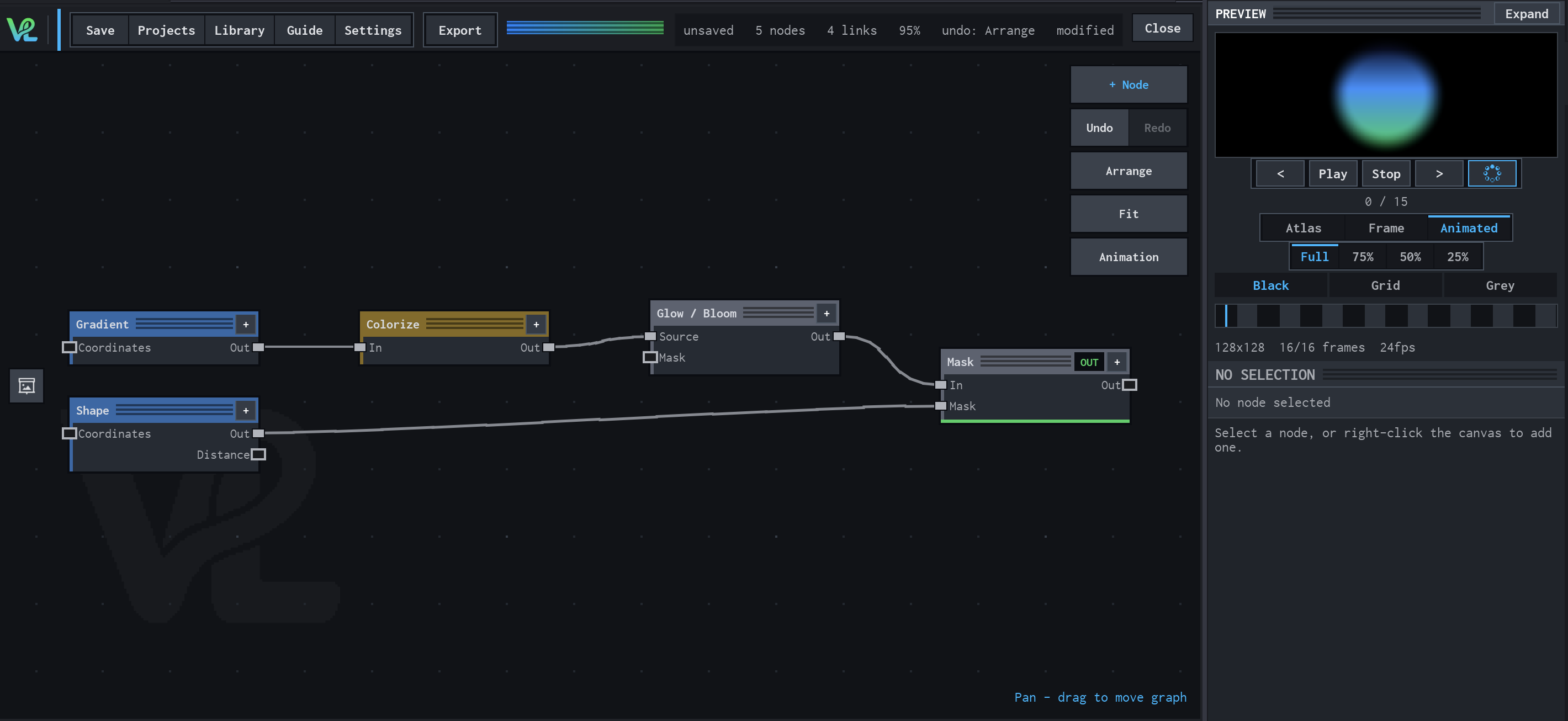 VFX Loom graph showing Gradient connected to Colorize and Glow / Bloom, with Shape also feeding Mask and a blue-green glowing circle preview.