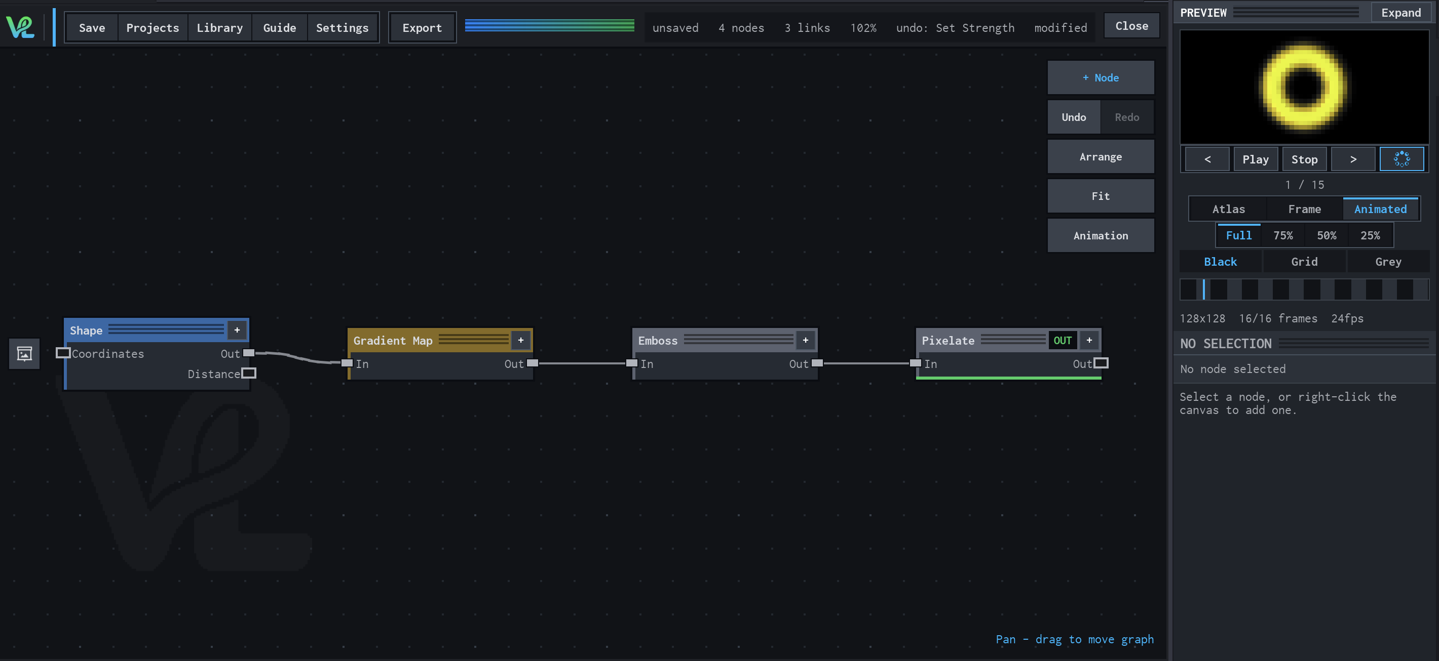 VFX Loom graph showing Shape connected to Gradient Map, Emboss, and Pixelate, with a yellow ring preview.