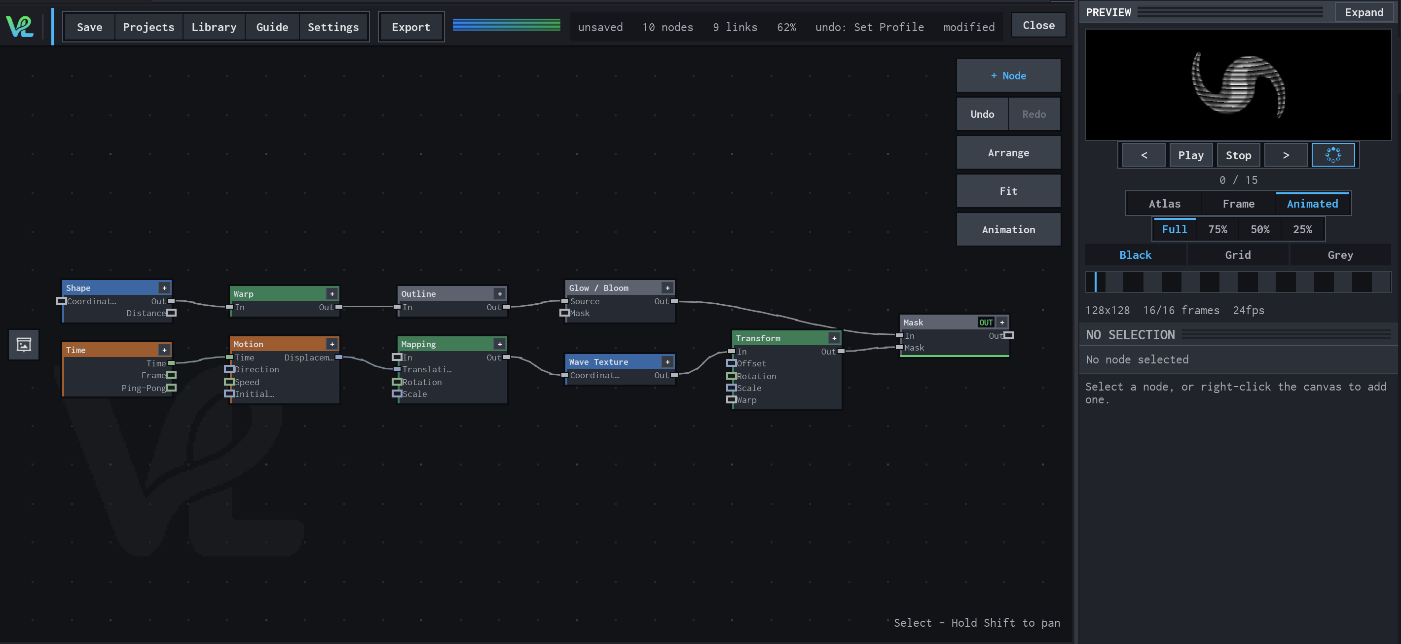 VFX Loom graph showing Shape, Warp, Outline, Glow / Bloom, Time, Motion, Mapping, Wave Texture, Transform, and Mask connected around a white striped preview.