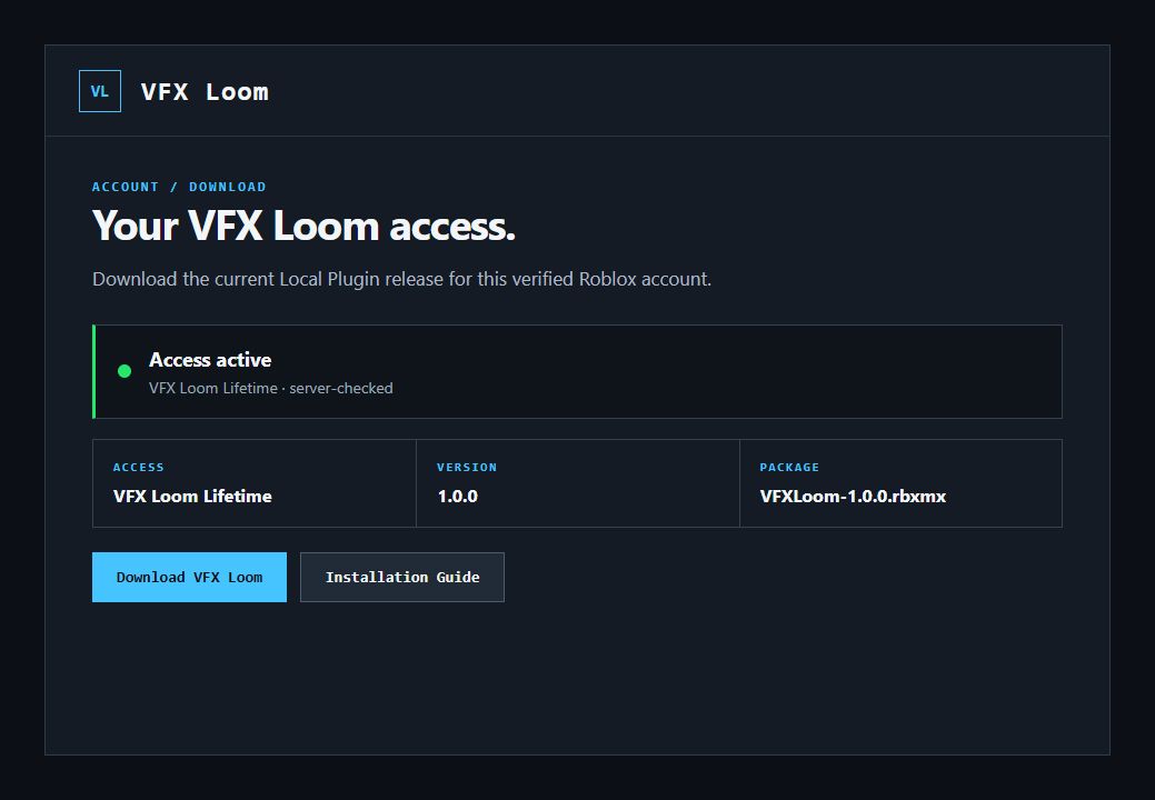 VFX Loom Account with access status, download action, and installation guide action