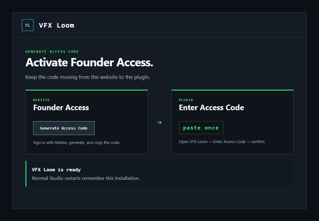 Founder VFX Loom activation path from Founder Access on the website to Enter Access Code in the plugin
