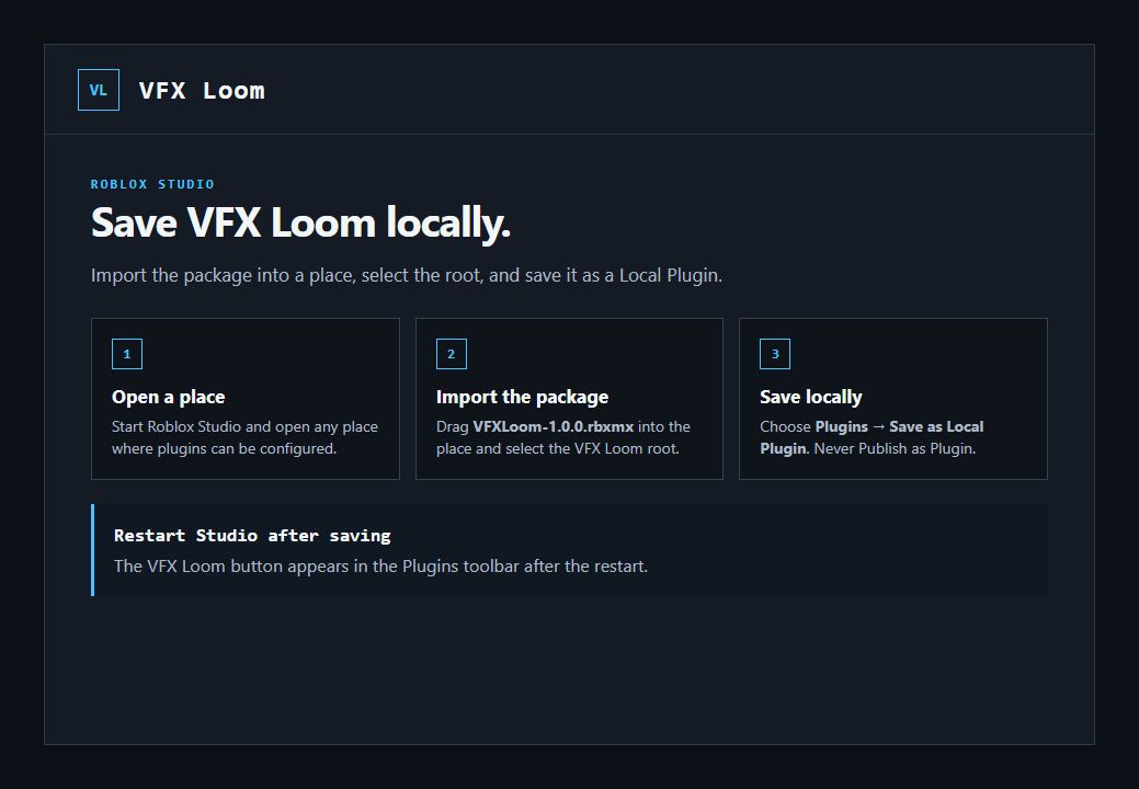 Roblox Studio local plugin installation steps for the VFX Loom package