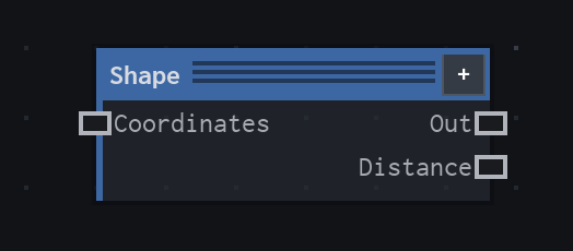 The Shape node on the VFX Loom graph canvas, showing its optional Coordinates input and its Out and Distance outputs.