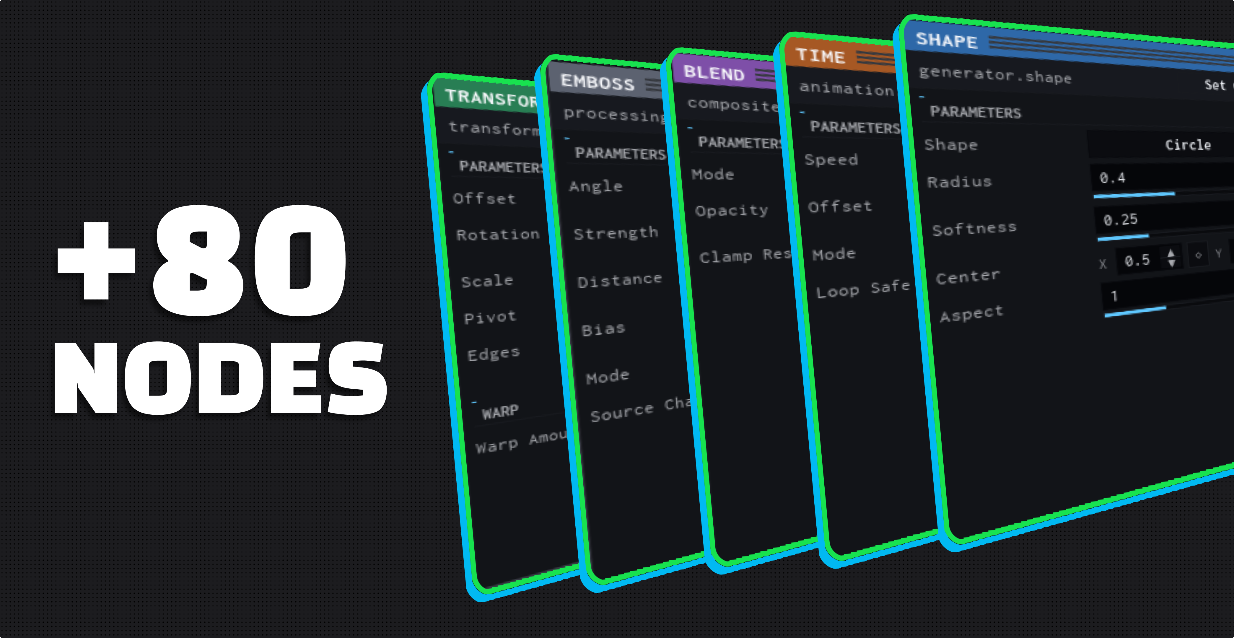A fan of VFX Loom node panels (Transform, Emboss, Blend, Time and Shape), each showing its own parameters, beside the words plus eighty nodes.