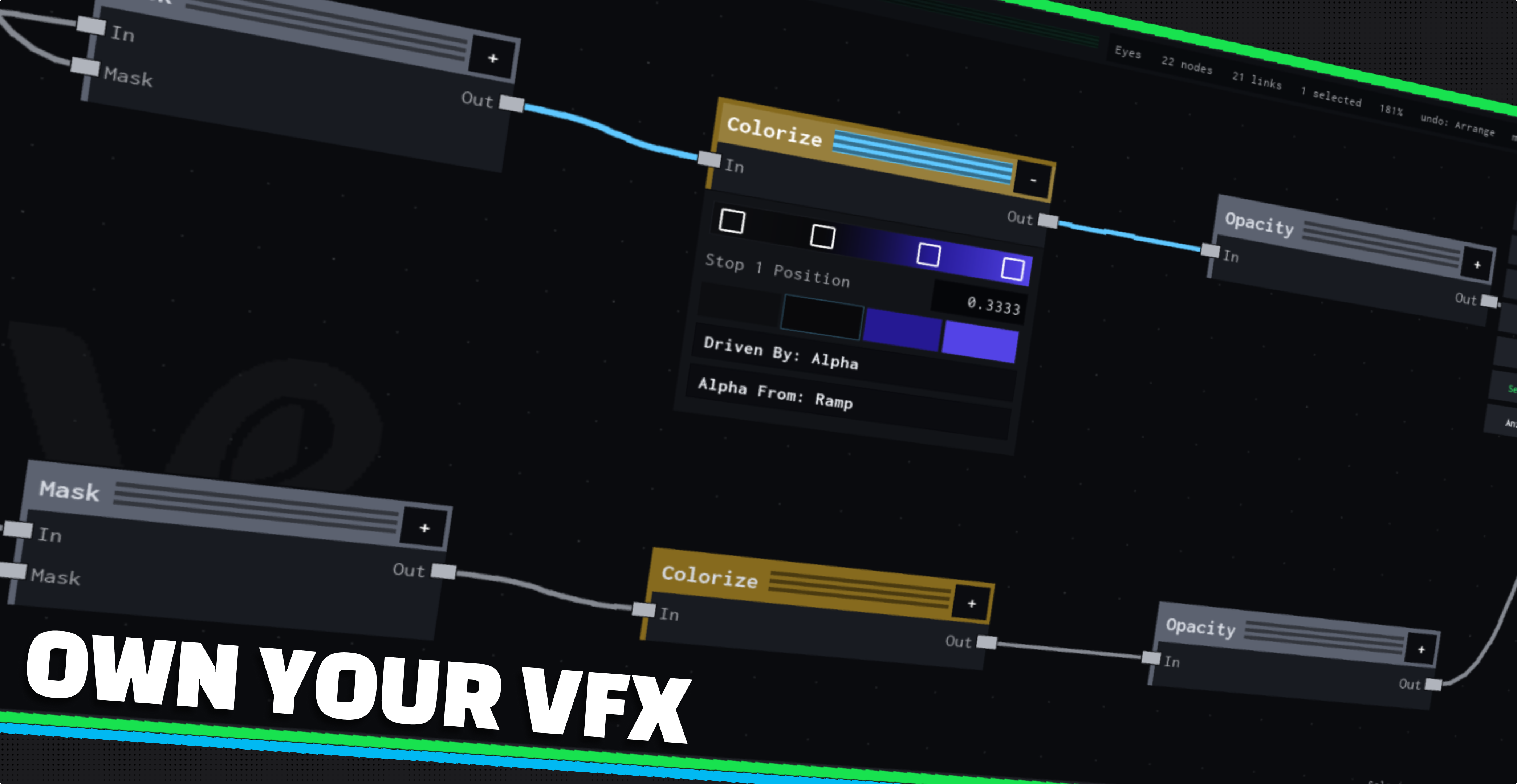 A close view of a VFX Loom graph: Mask nodes feeding Colorize nodes with a colour ramp open, wired on to Opacity.