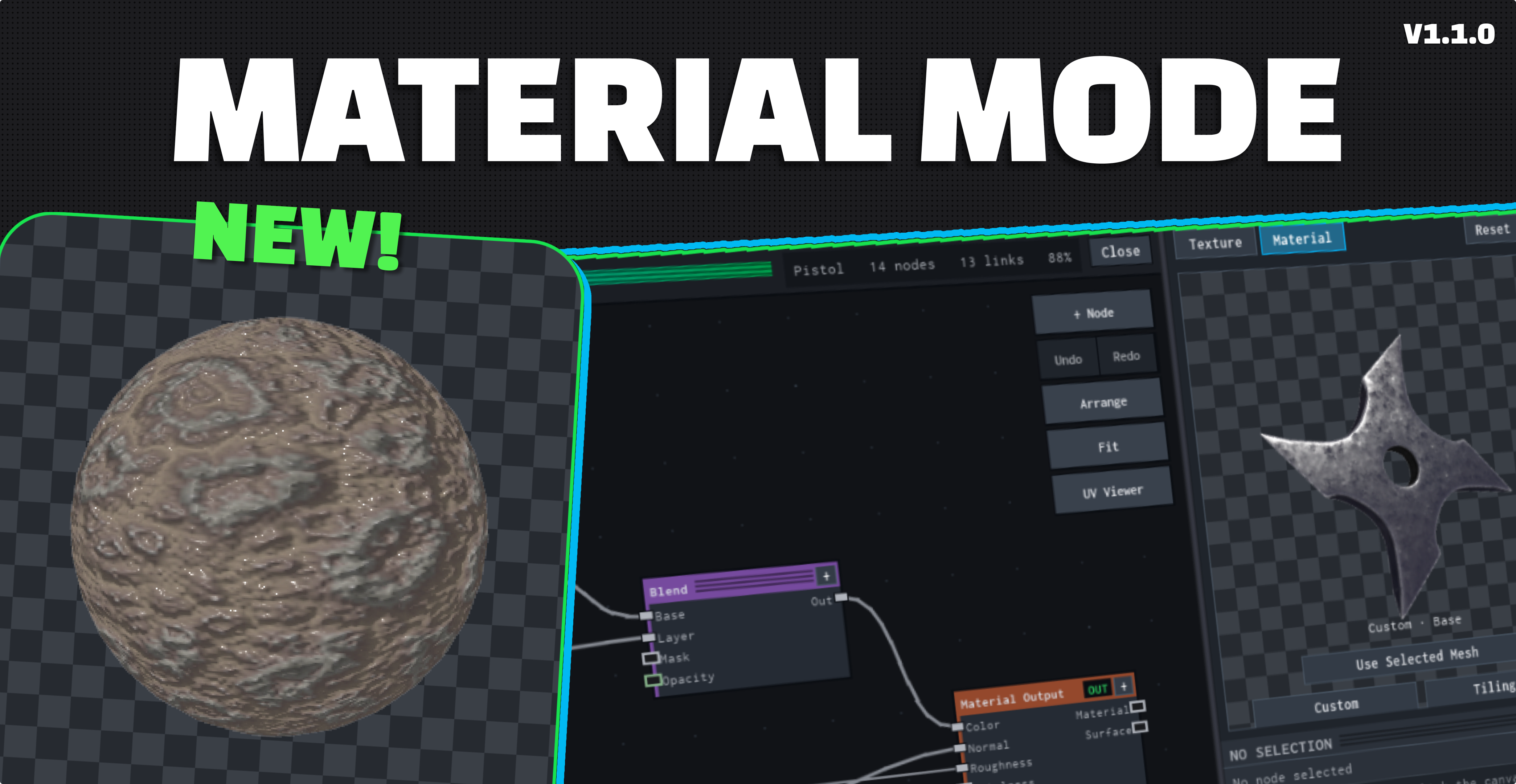 VFX Loom Material Mode: a shaded sphere, a Blend node feeding Material Output, and the 3D material preview showing a textured mesh.